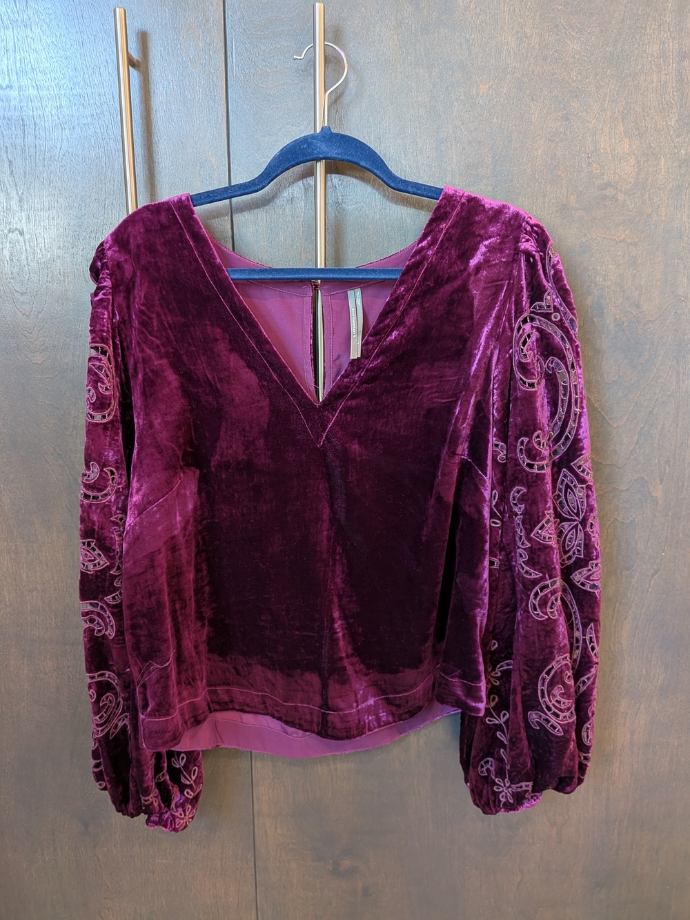 Anthropologie Velvet V-Neck Balloon Sleeve Top - Plum